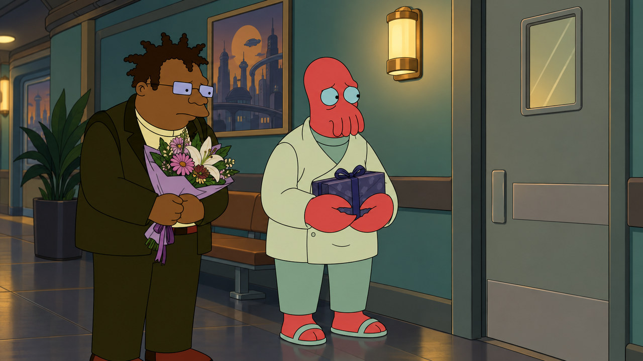 Hermes and Zoidberg wait outside a closed door with flowers and a small parcel.