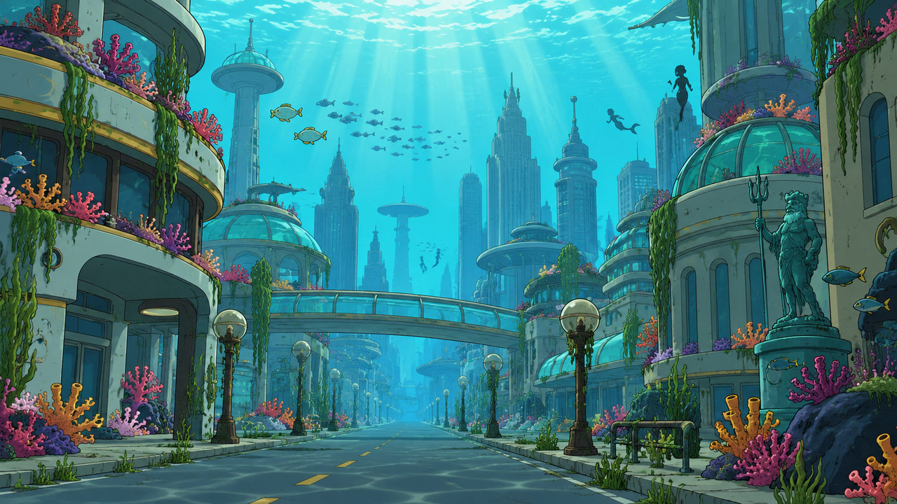 An underwater city avenue lined with coral, submerged towers and drifting fish.