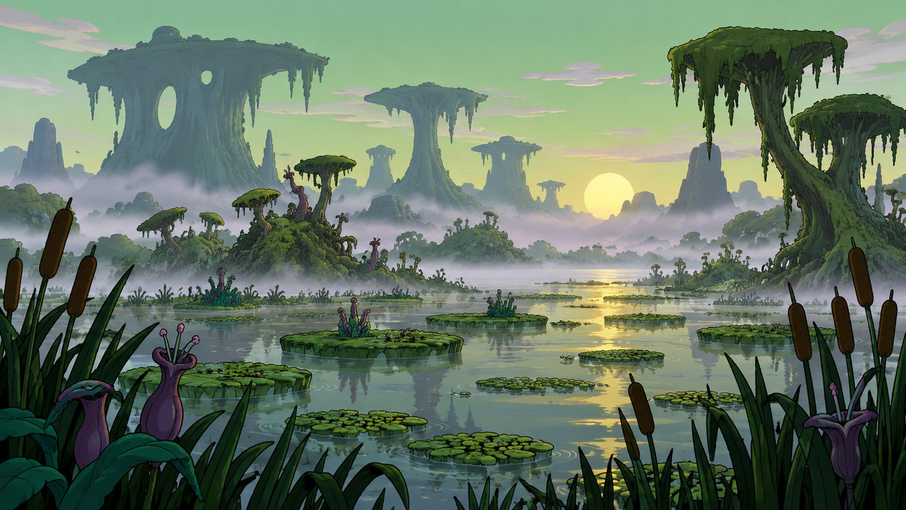 A misty alien wetland with floating vegetation and layered rock formations.