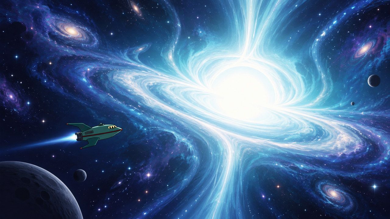 The delivery ship approaches an immense luminous spiral in space.