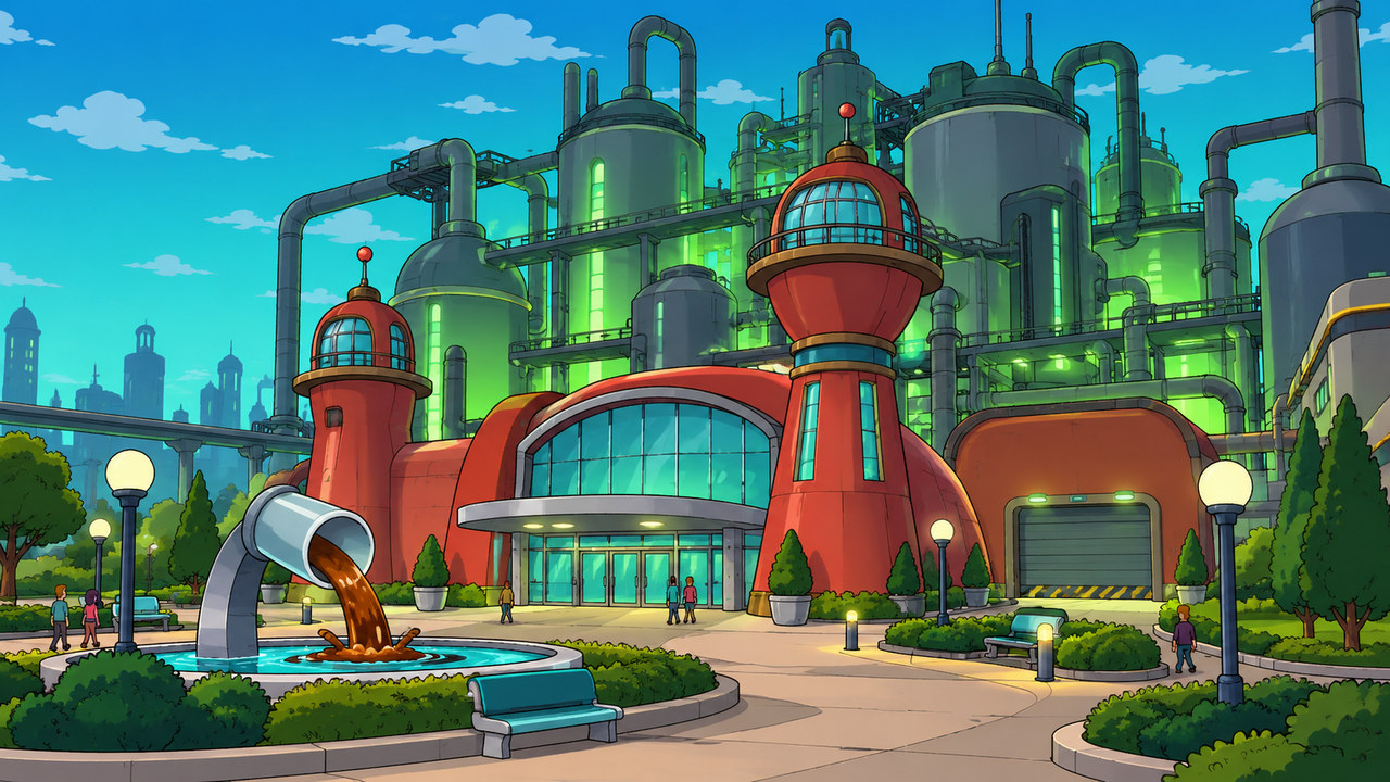 A cheerful visitor plaza stands before a much larger green-lit beverage factory.
