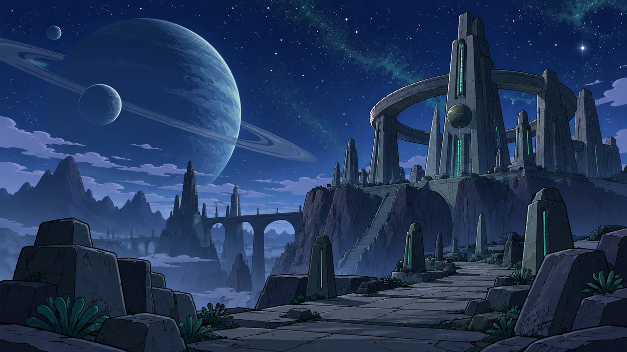 Ancient geometric structures rise over a rocky landscape beneath a star-filled sky.