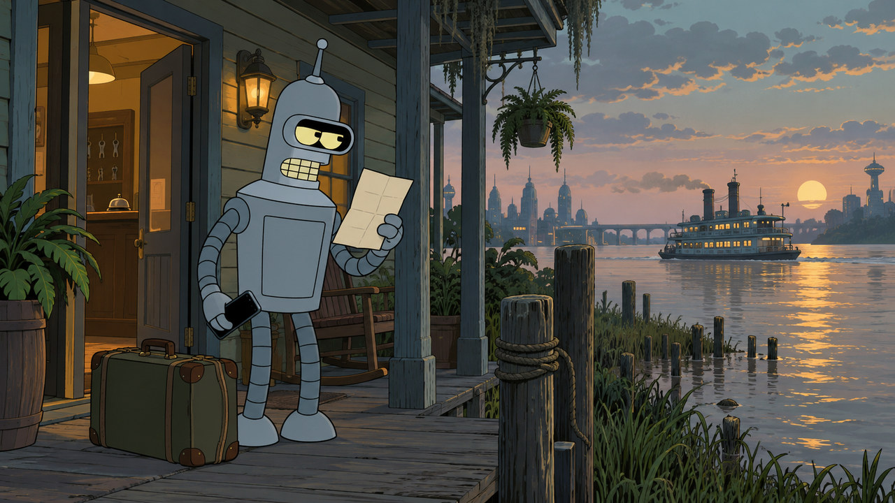 Bender waits with a suitcase on a waterside porch at dusk.