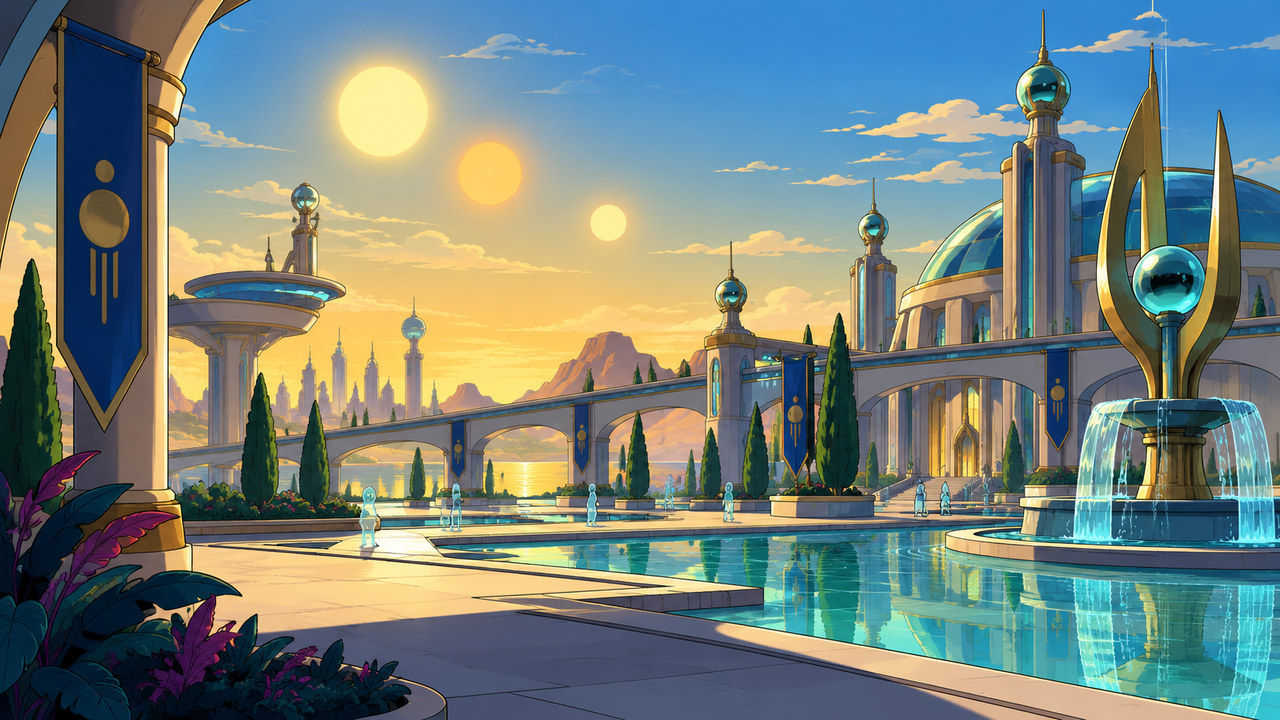 A luminous palace courtyard and reflective pools beneath three suns.