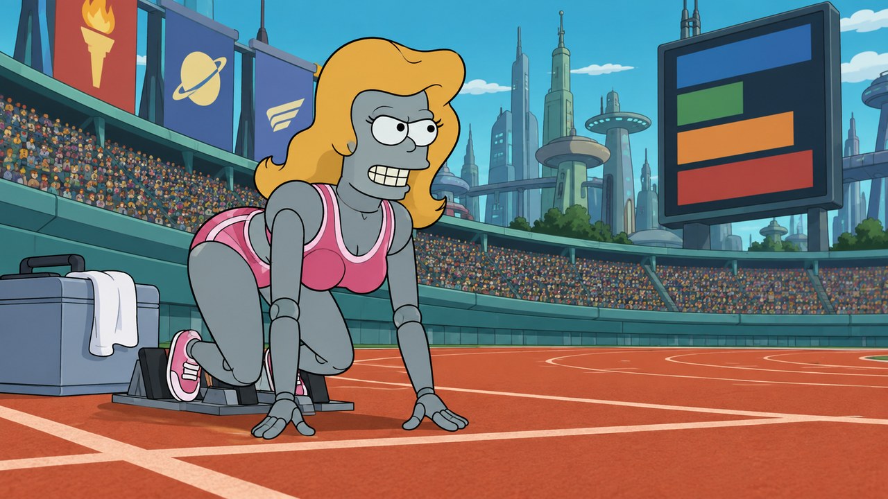 A silver bending-unit competitor in pink sportswear and a blonde wig kneels at a starting line.