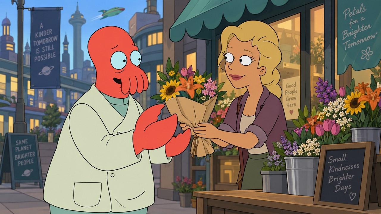 Zoidberg offers flowers to a smiling blonde florist outside a flower stall.