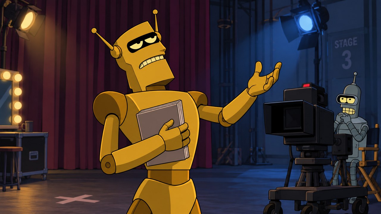An angular golden actor robot reads a script beside a studio camera.
