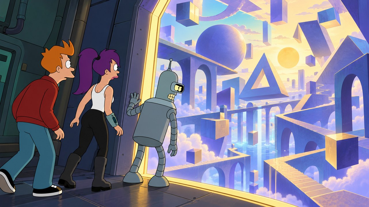 Fry, Leela and Bender look through a glowing opening filled with floating geometric forms.