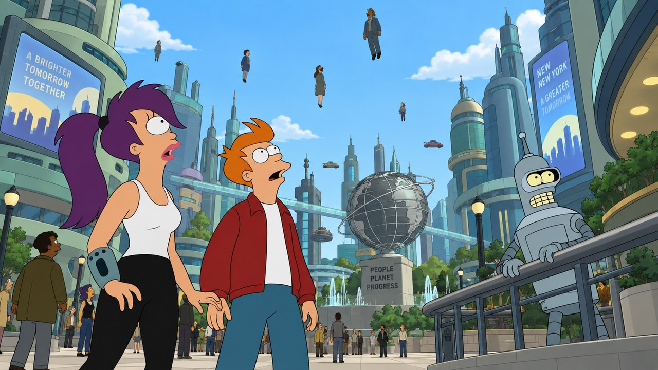 The crew watches figures floating above a bright futuristic city street.