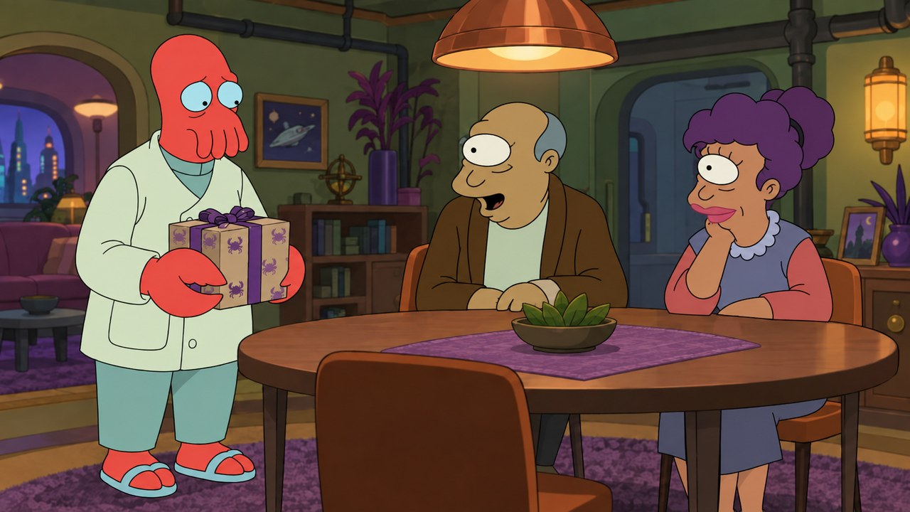 Zoidberg presents a framed picture to an older couple at a restaurant table.