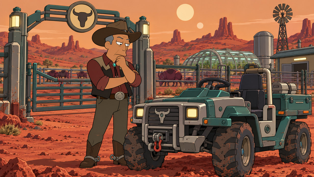 Leo Wong stands beside a utility vehicle and ranch gate on red Martian terrain.