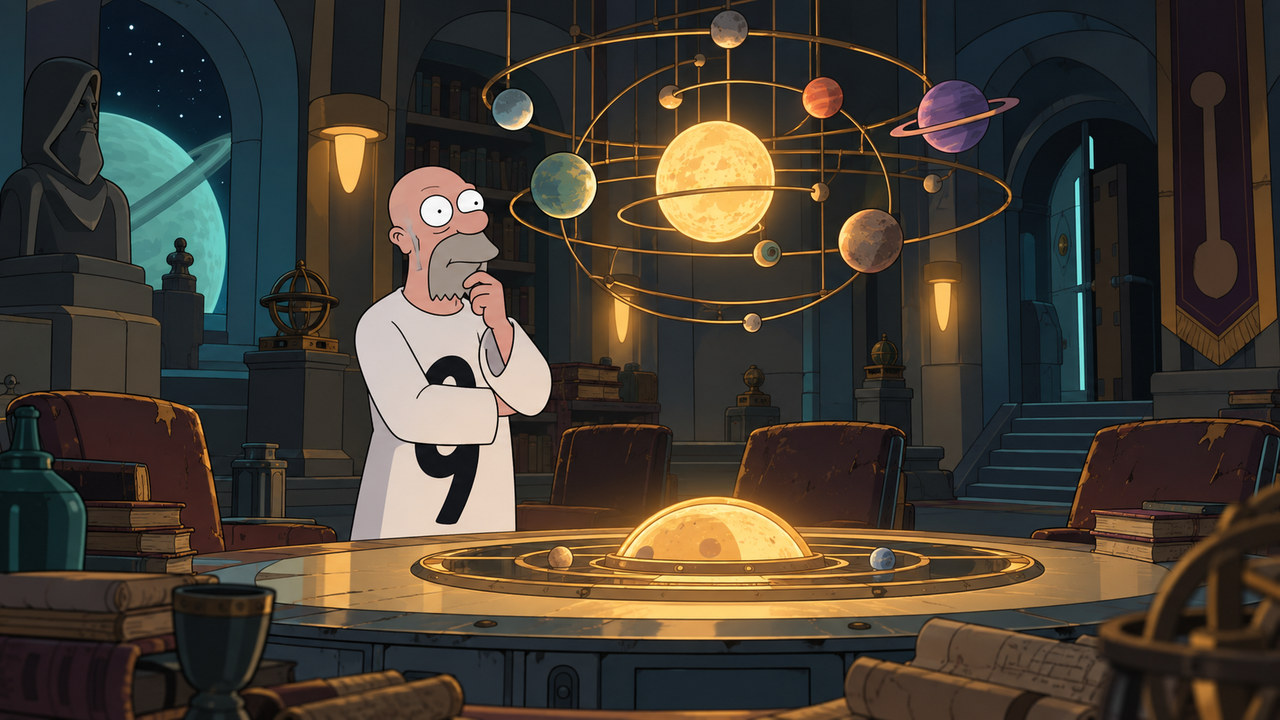 Number 9 Man considers a glowing celestial model in a secluded chamber.