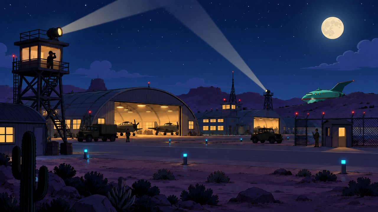 Searchlights cross a desert airfield while a green spacecraft passes the hangars.