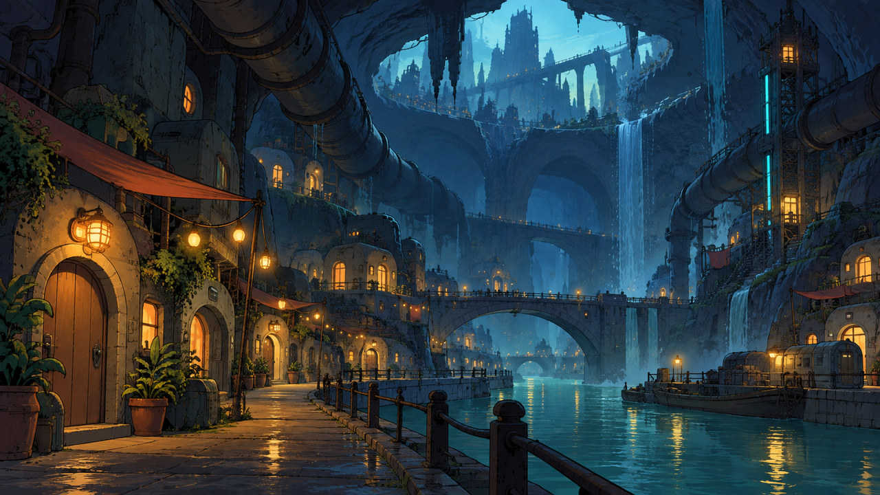 Warm doorways and a canal sit beneath huge pipes in an underground neighborhood.