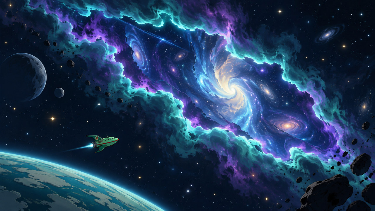 A luminous violet and cyan rift opens across a starfield near a small delivery ship.