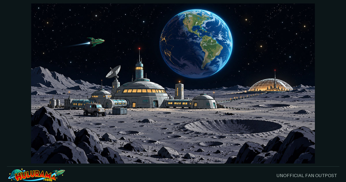 A lunar settlement stands on gray cratered terrain beneath a bright distant Earth.