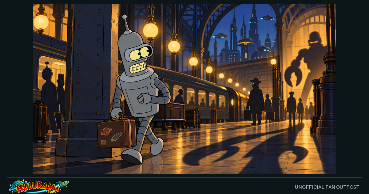 Bender clutches a suitcase under looming mechanical shadows at a station.