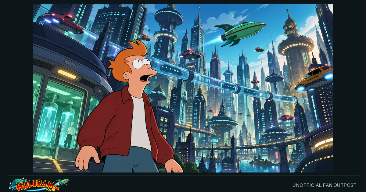 Fry gazes upward at a futuristic skyline and transit tubes.