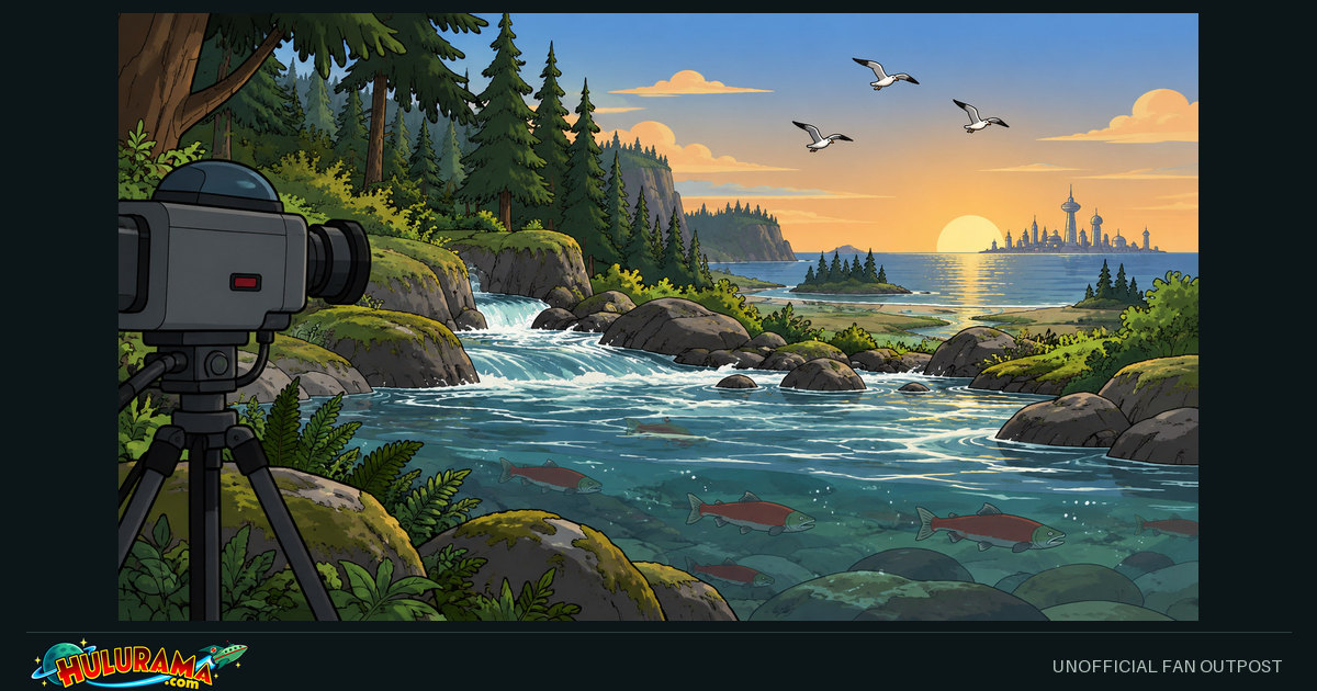 A camera overlooks a river, birds and woodland at sunset.