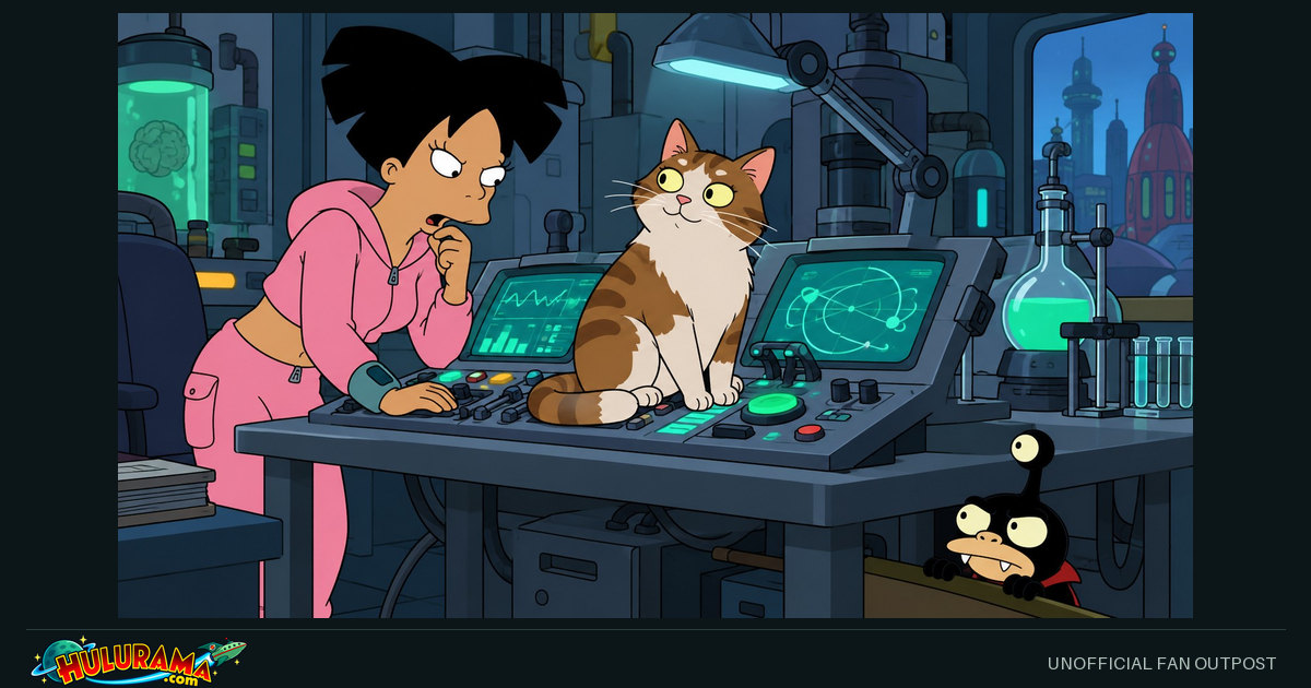 Amy studies a cat sitting on laboratory controls while Nibbler watches from below.