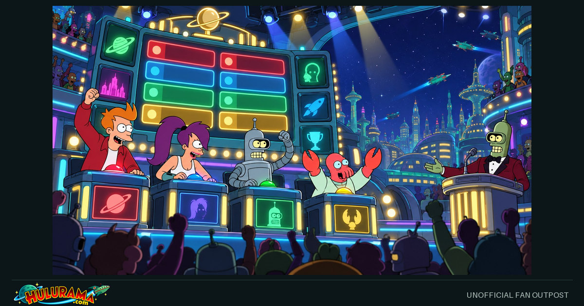 Fry, Leela, Bender and Zoidberg at brightly lit game-show stations.