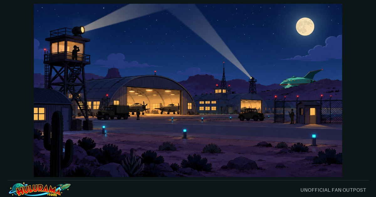 Searchlights cross a desert airfield while a green spacecraft passes the hangars.