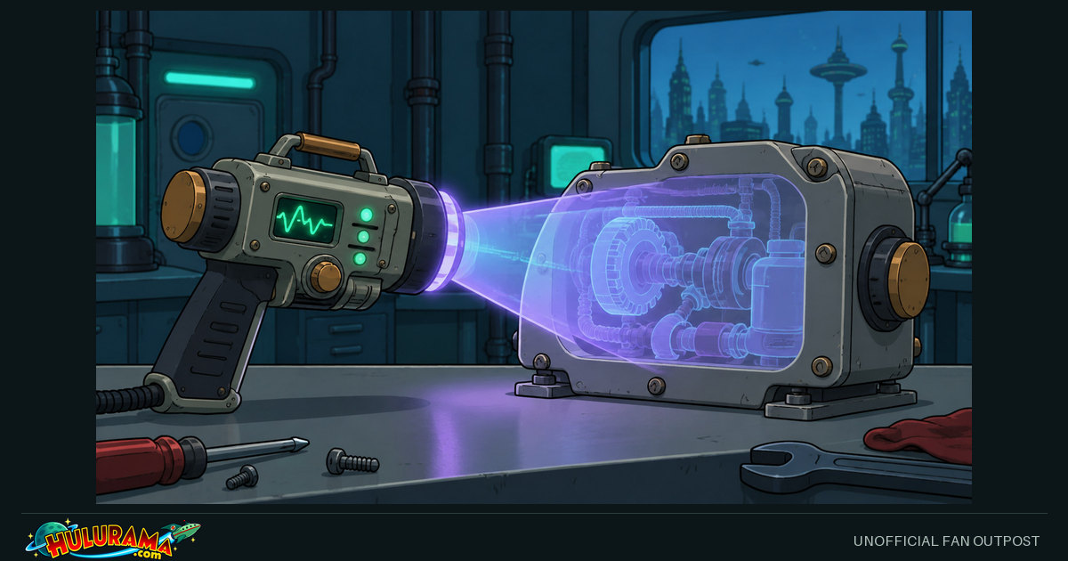 A handheld scanner casts a violet beam through a closed mechanical component.