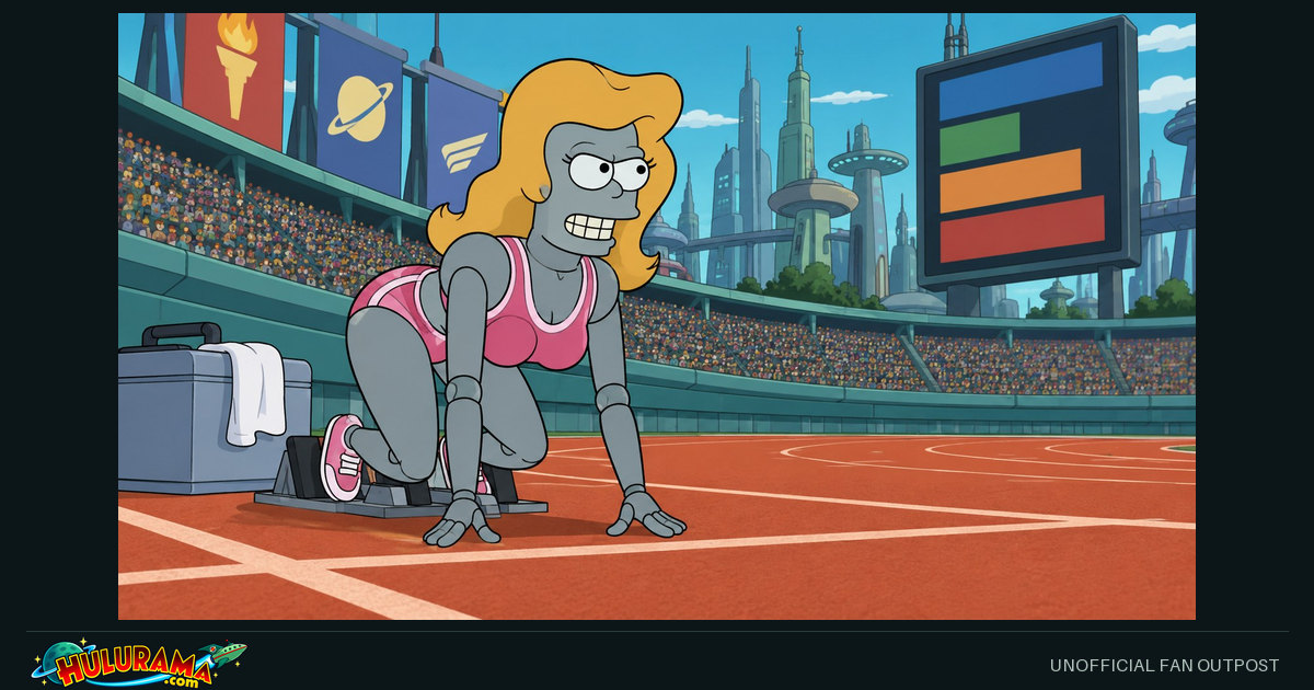A silver bending-unit competitor in pink sportswear and a blonde wig kneels at a starting line.