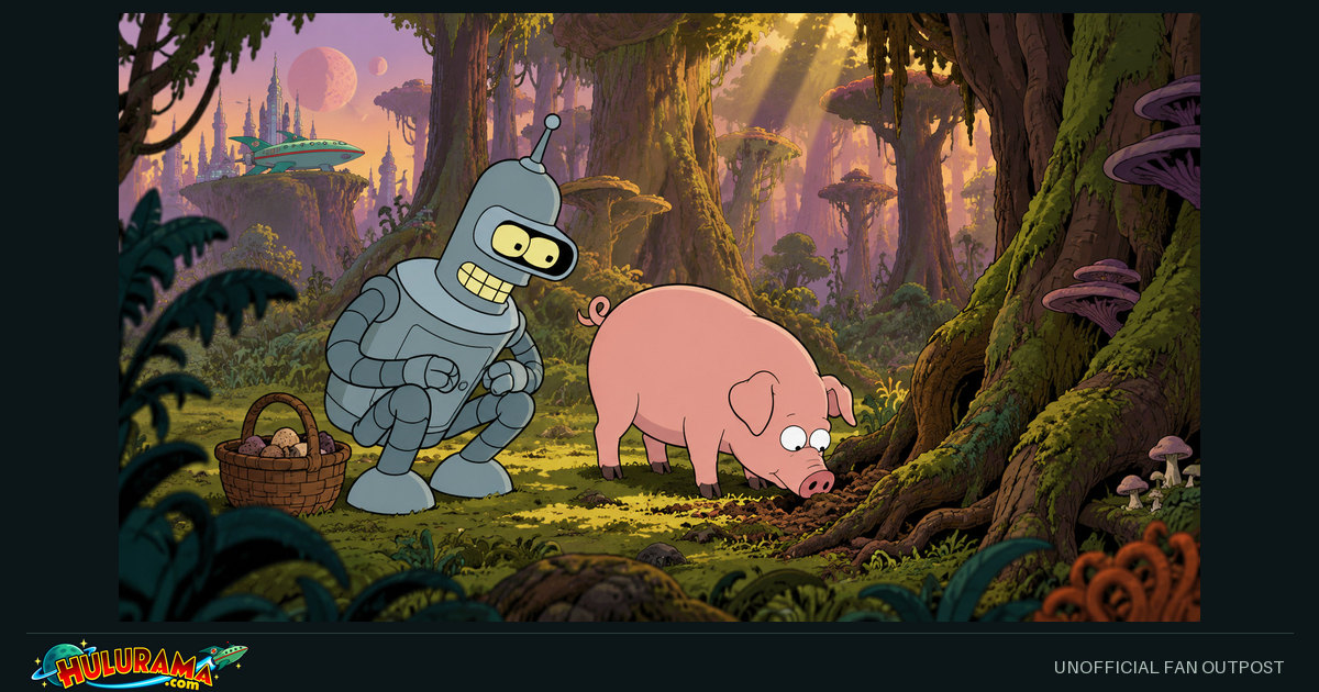 Bender carries a basket beside a separate pig in a lush alien forest.