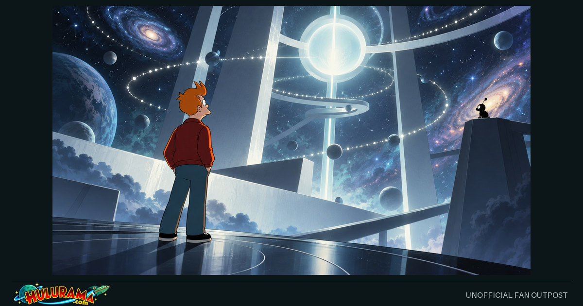 Fry is dwarfed by a glowing cosmic information structure.
