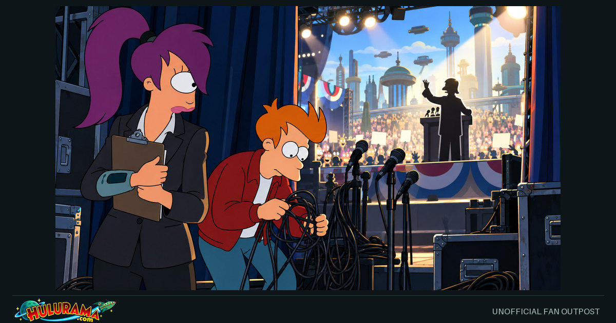 Leela holds a clipboard while Fry untangles cables backstage at a campaign event.