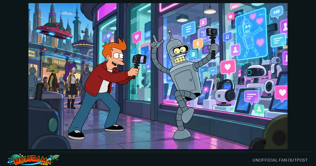 Fry films Bender posing outside an electronics shop filled with colorful display icons.