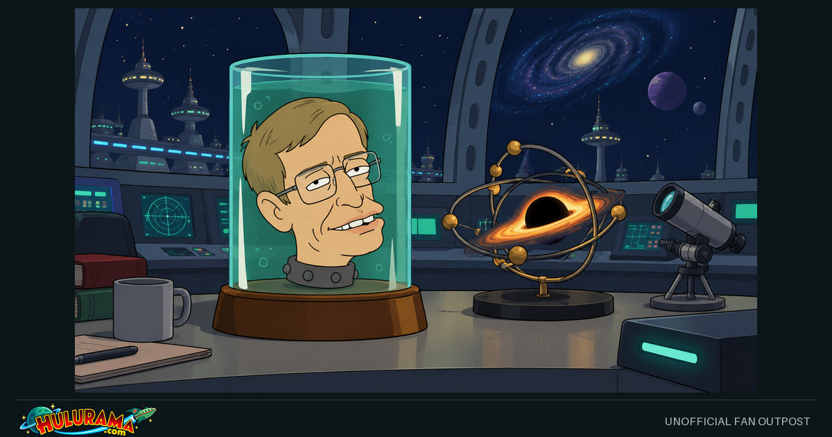 Stephen Hawking’s animated head rests in a jar beside a cosmic laboratory model.