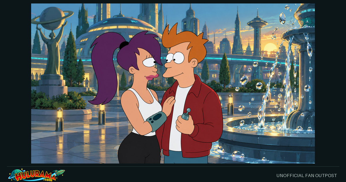 Fry and Leela stand close together beside suspended fountain droplets in a sunny plaza.