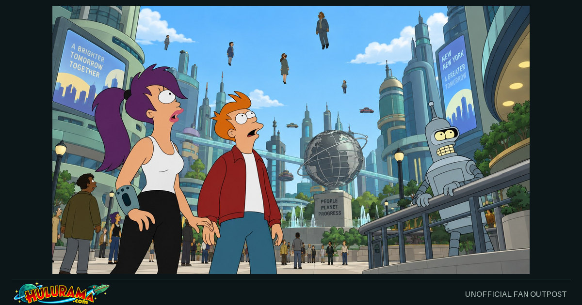 The crew watches figures floating above a bright futuristic city street.