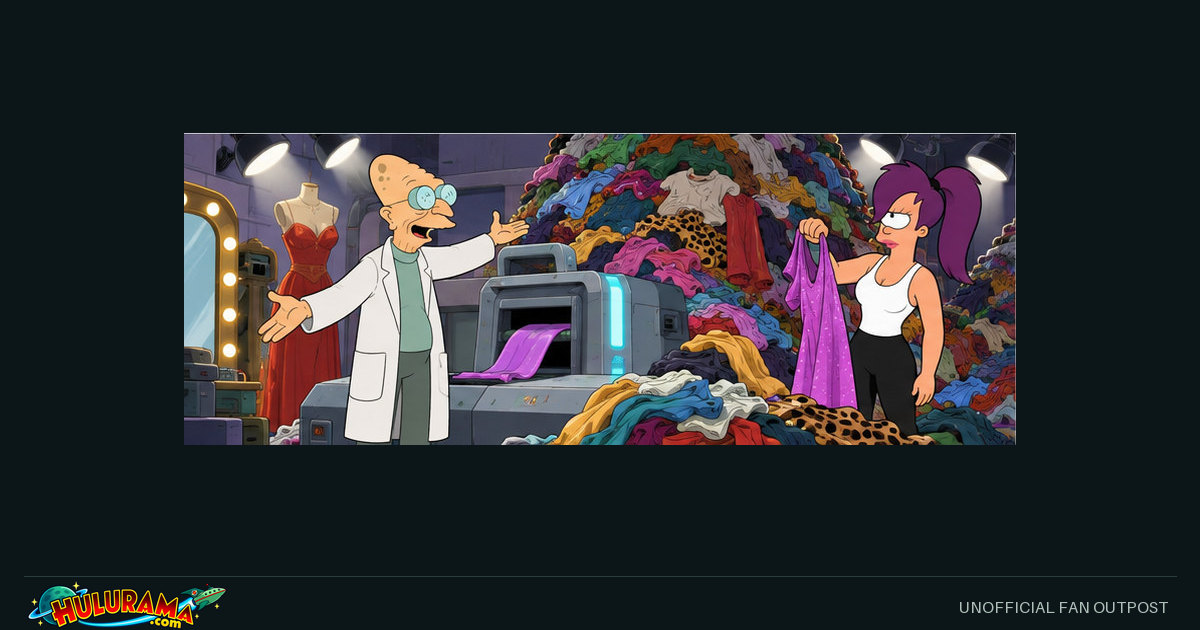 Farnsworth presents a clothing machine in front of a towering heap of garments.