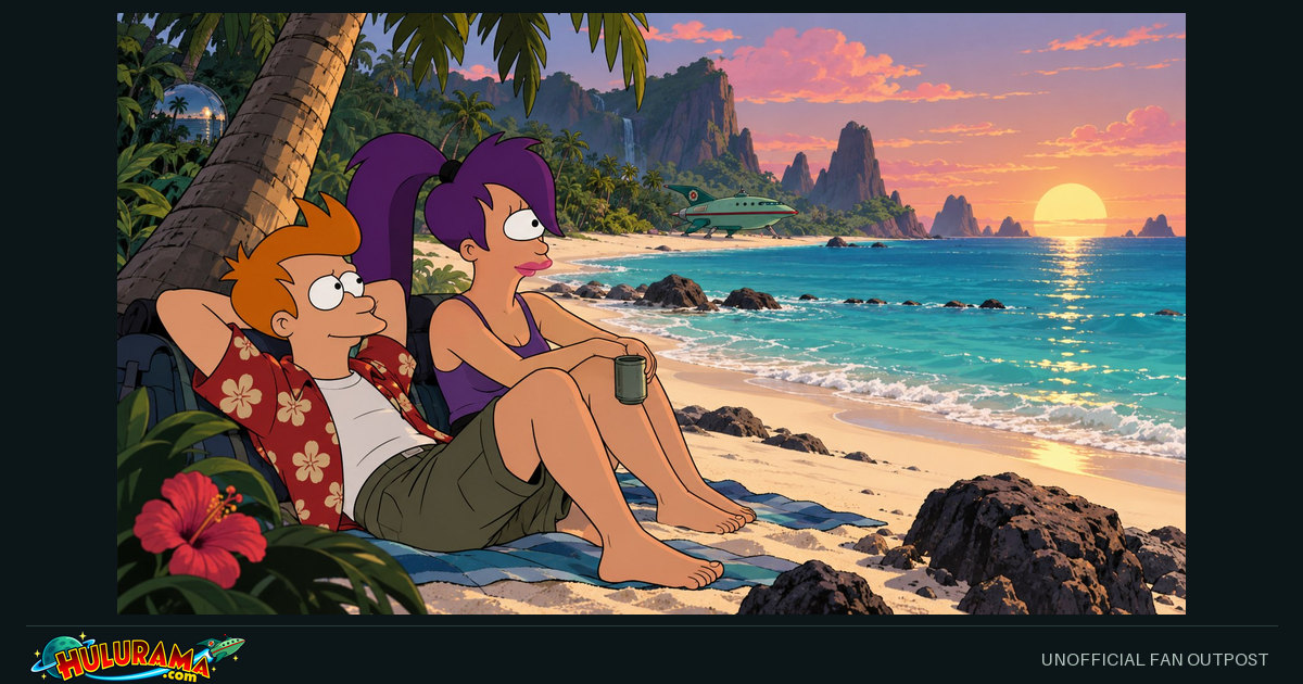 Fry and Leela relax on an isolated tropical beach.
