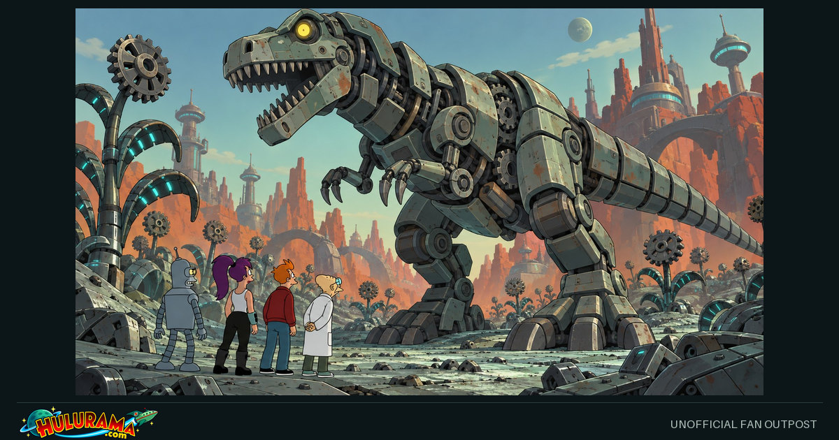 A giant mechanical dinosaur towers over the crew in a landscape of gears and metal plants.