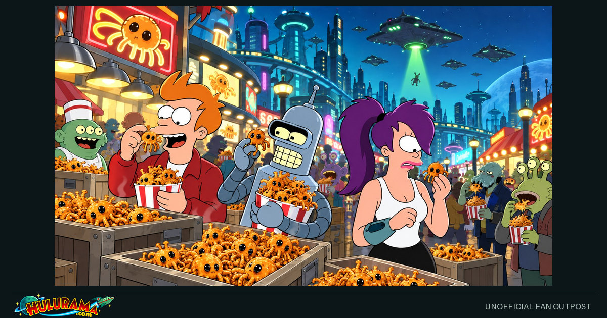 Fry and Bender enjoy a colorful snack craze while Leela looks concerned.