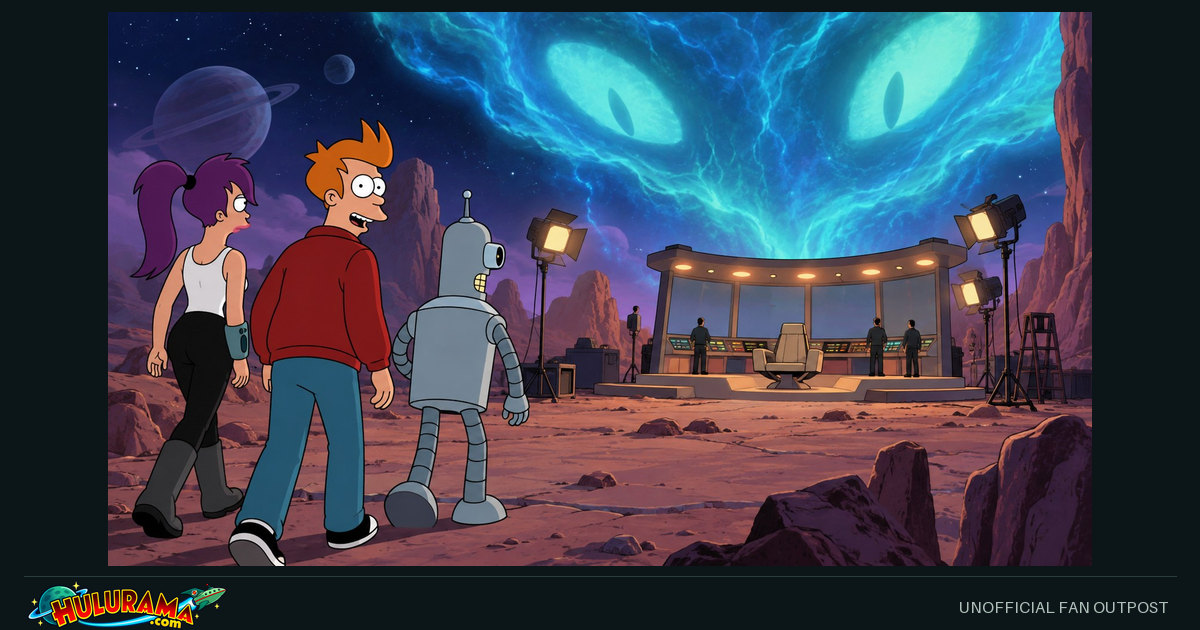 The crew approaches a deserted television set beneath a looming energy presence.