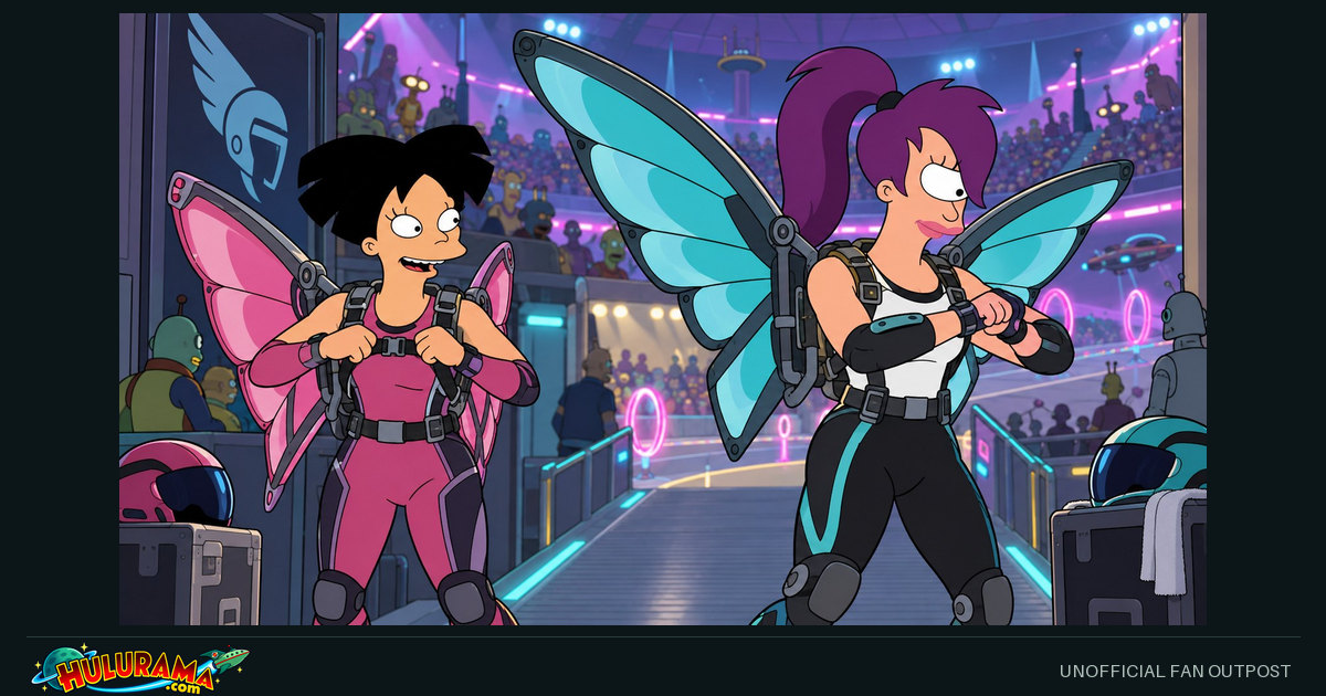 Amy and Leela check attached butterfly-wing sporting equipment before a competition.