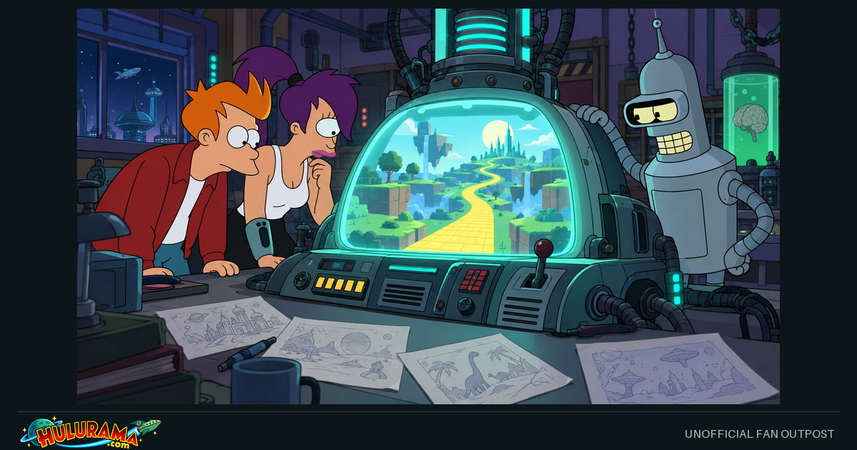 Fry, Leela and Bender study a colorful hypothetical landscape inside a laboratory display.