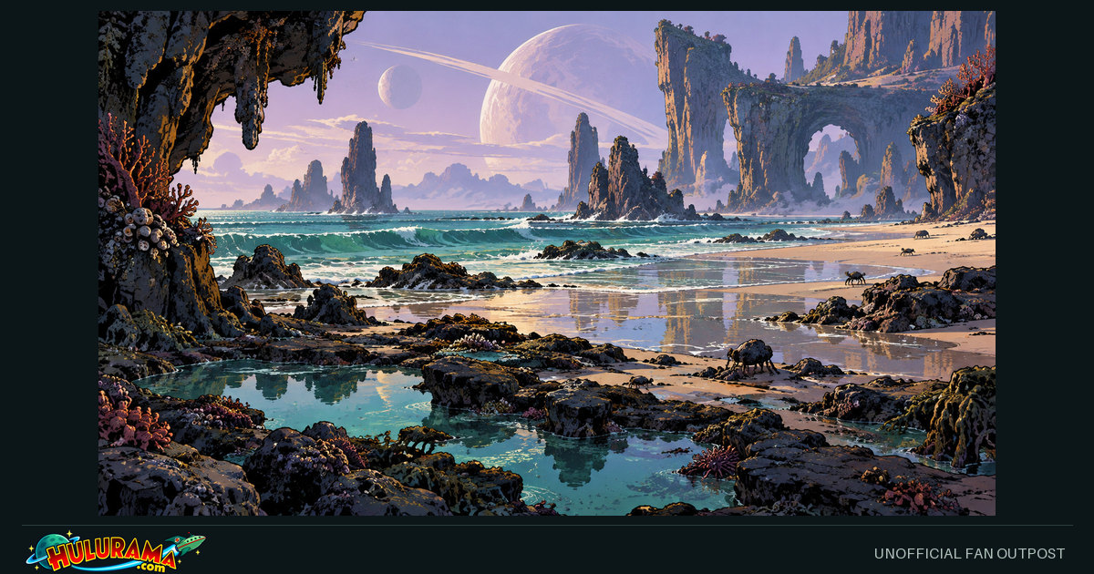 Tidal pools and rocky arches border an alien coast beneath a lavender sky.