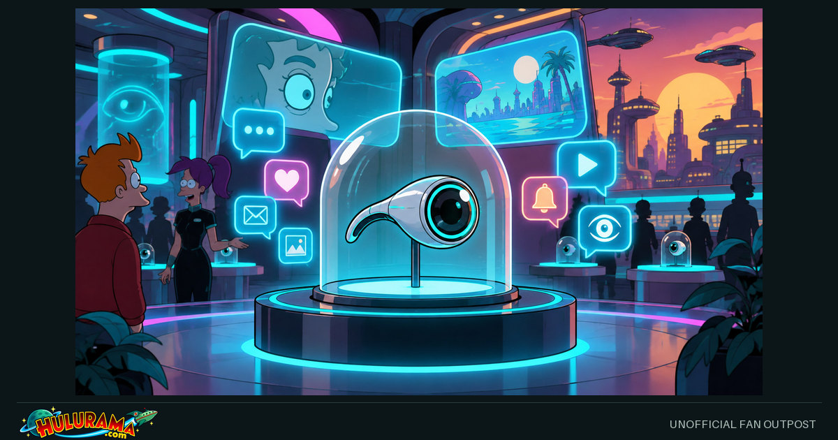 An eye-adjacent gadget sits beneath a retail display dome amid bright abstract notifications.