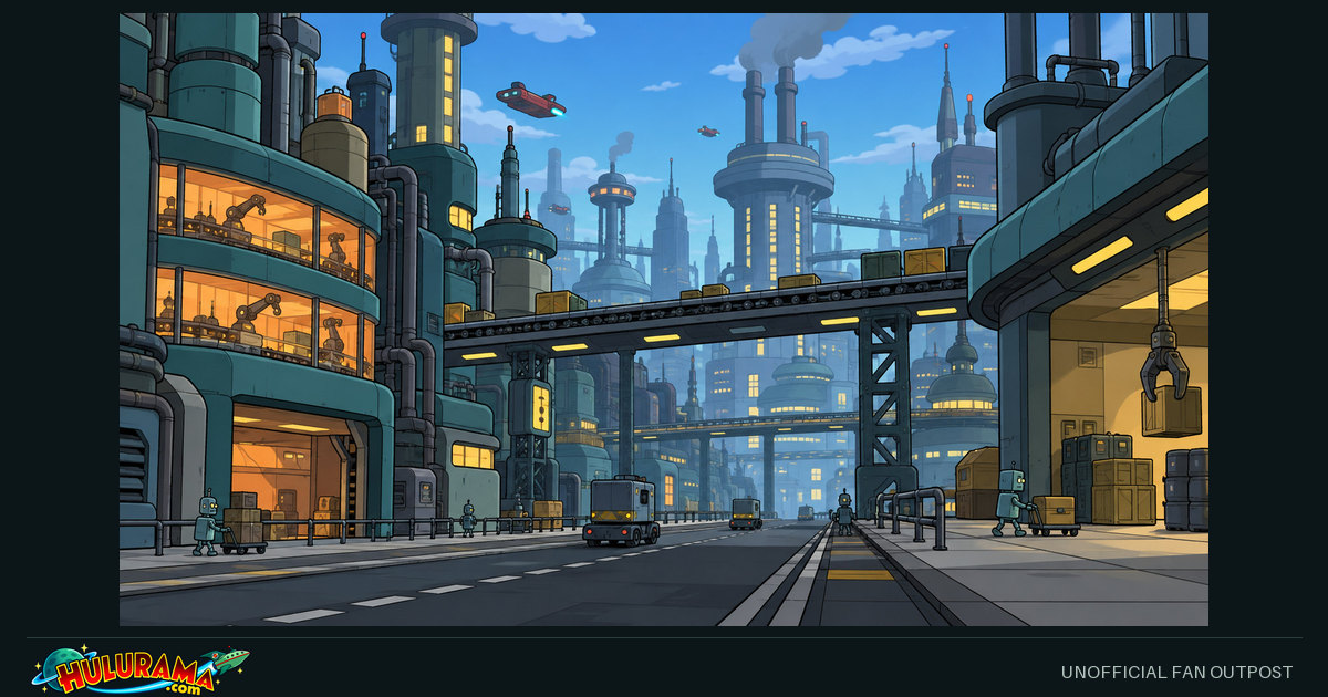 An industrial robot city with elevated bridges, pipes and illuminated workshops.