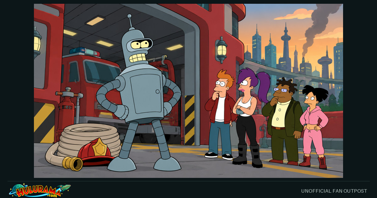 Bender poses beside firefighting equipment while the crew watches.