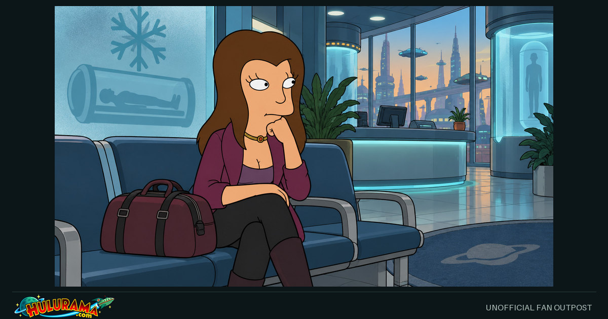Michelle waits beside a travel bag in a cryogenics reception lounge.