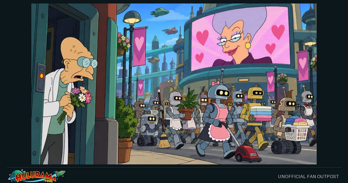 Farnsworth holds flowers while a procession of robots passes a large image of Mom.