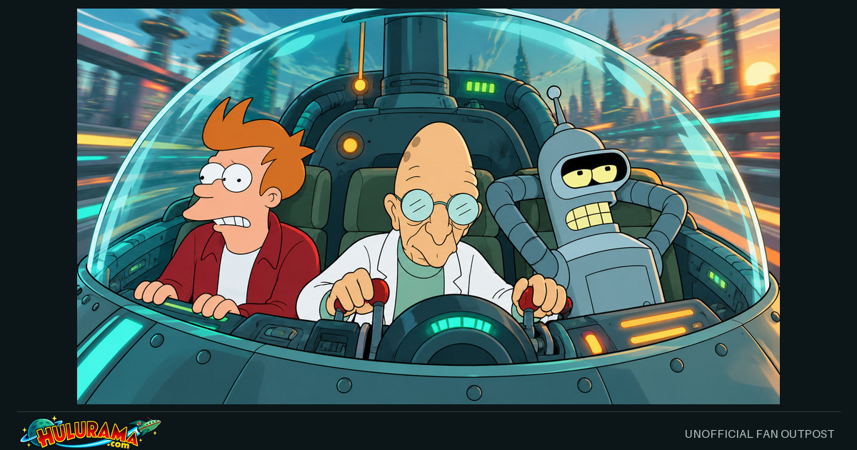 Fry, Farnsworth and Bender ride in a domed vehicle past a streaking futuristic landscape.