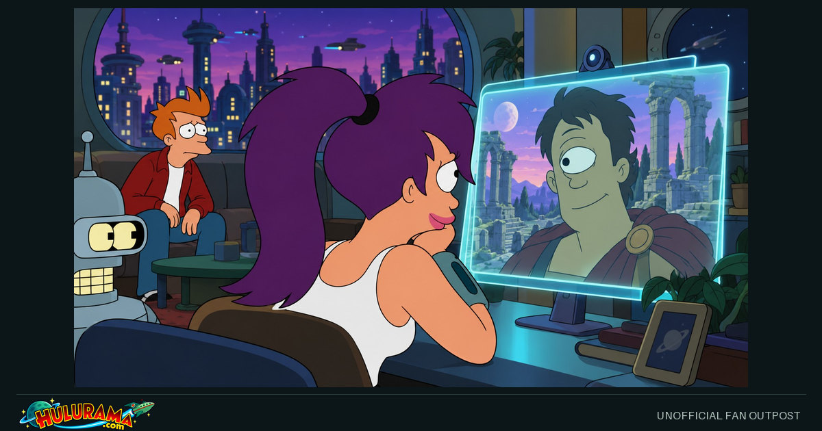 Leela watches a one-eyed humanoid on a communication screen while Fry and Bender wait behind her.
